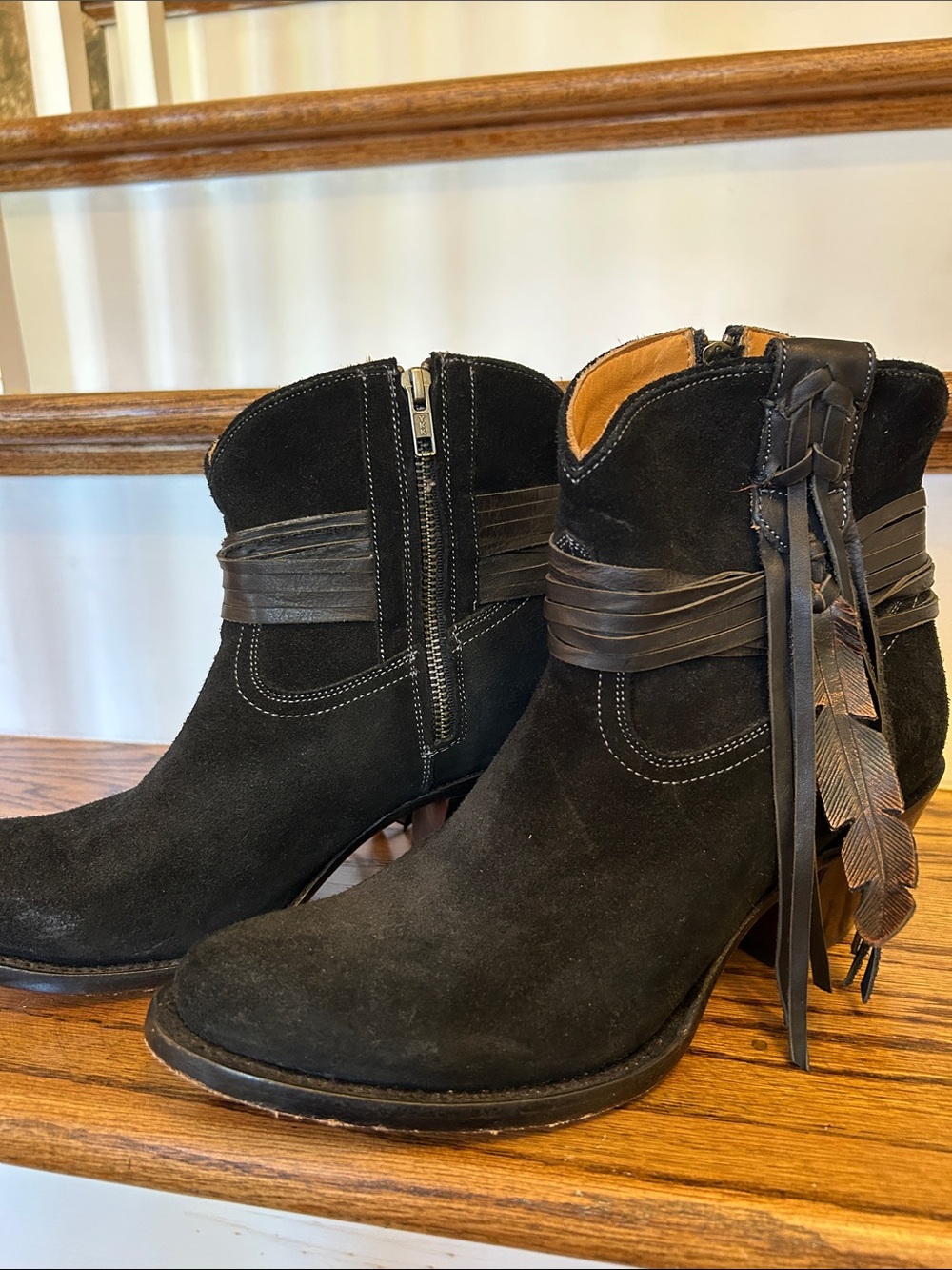 Lucchese 10 B Robyn Feather Suede Women's Black Western Ankle Boots with Fringe